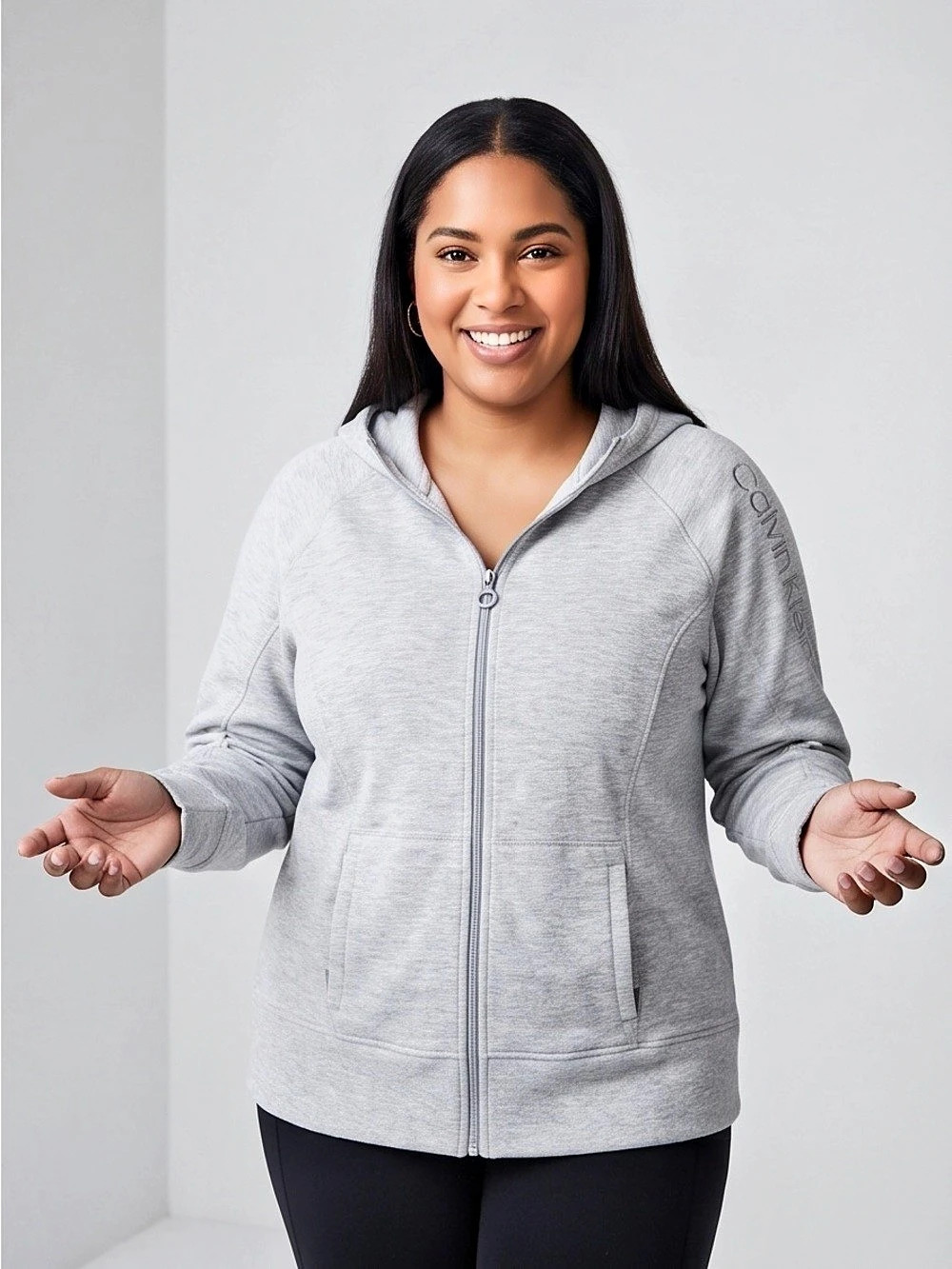 Calvin Klein Performance Full Zip Hoodie with Sleeve Logo Gray